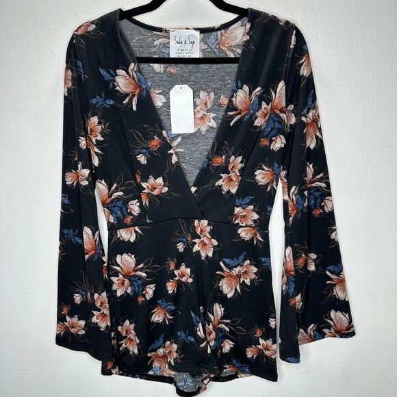 NWT Sadie & Sage Black With Peach Blue Floral Long Bell Sleeve Deep-V Romper S - Picture 13 of 13